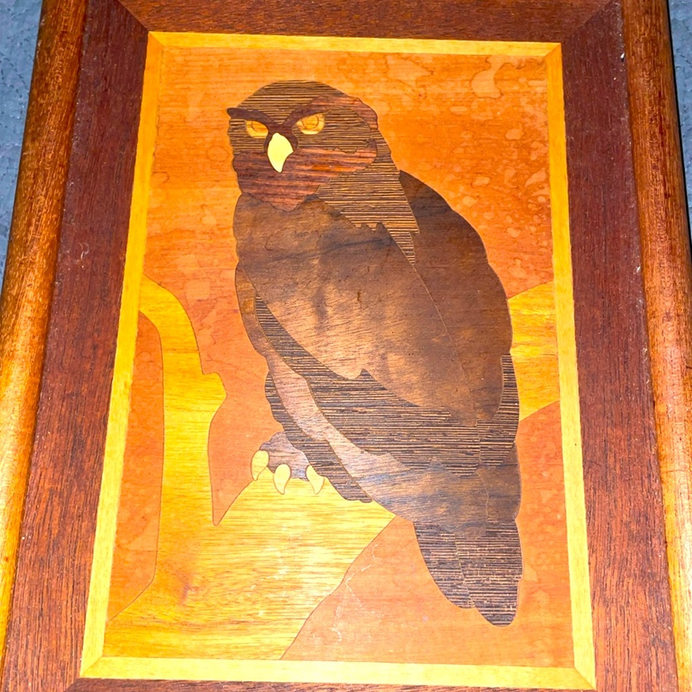 Wood Inlay Marquetry Wood Owl Framed Art